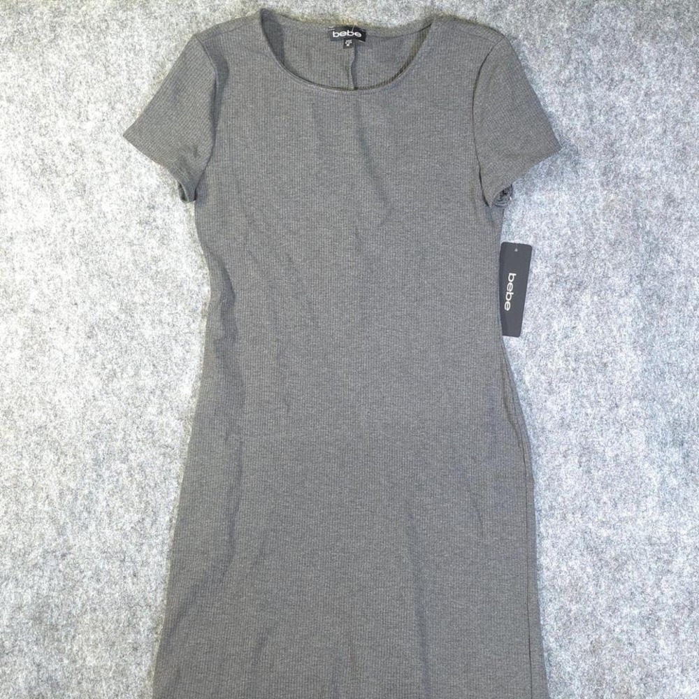 Bebe Ribbed Mini Dress Charcoal Grey‎ Bodycon Short Sleeve Crew Neck NWT Medium